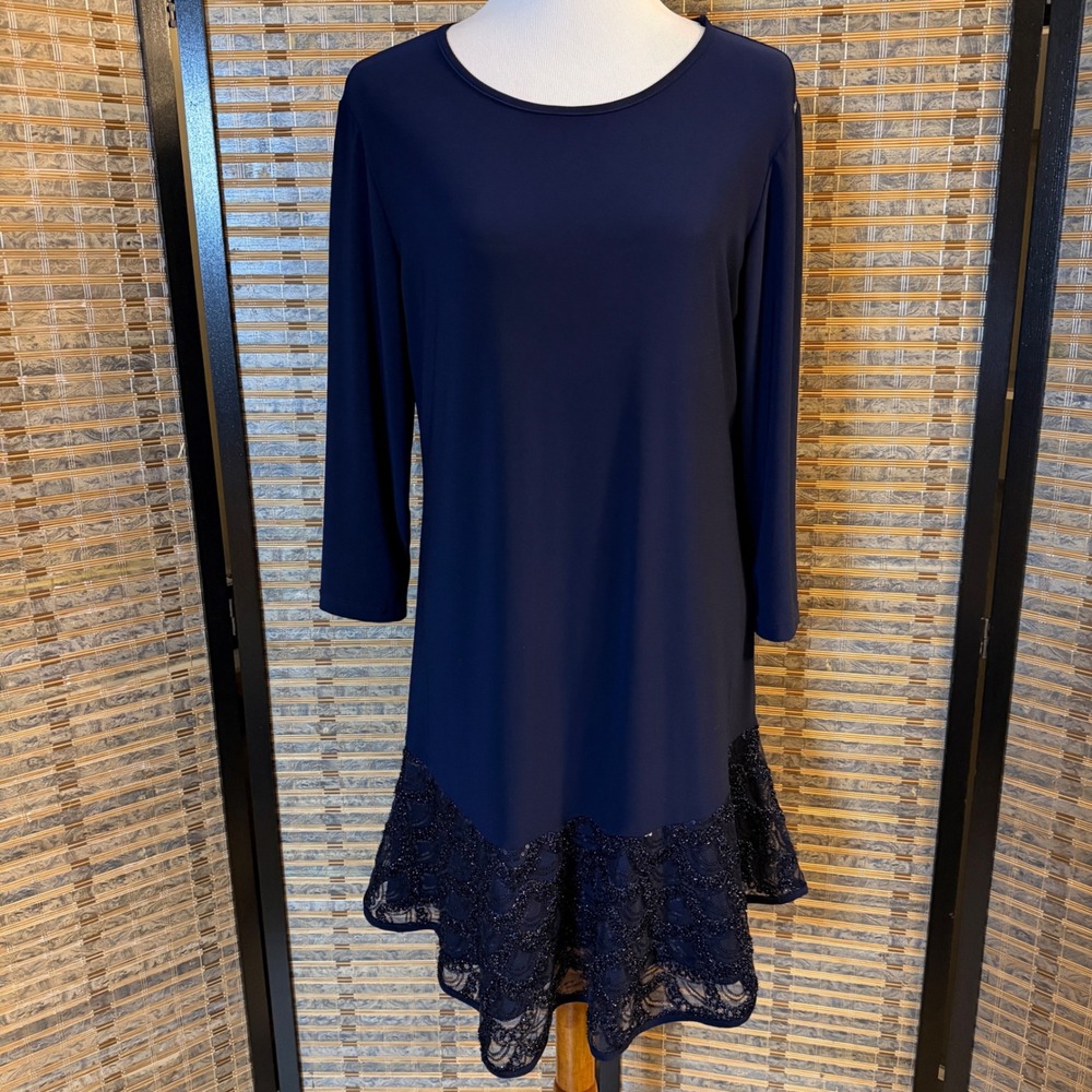 Tiana B Lace Sequin Hem Dress Women 14 Navy Blue Cocktail Evening Shift